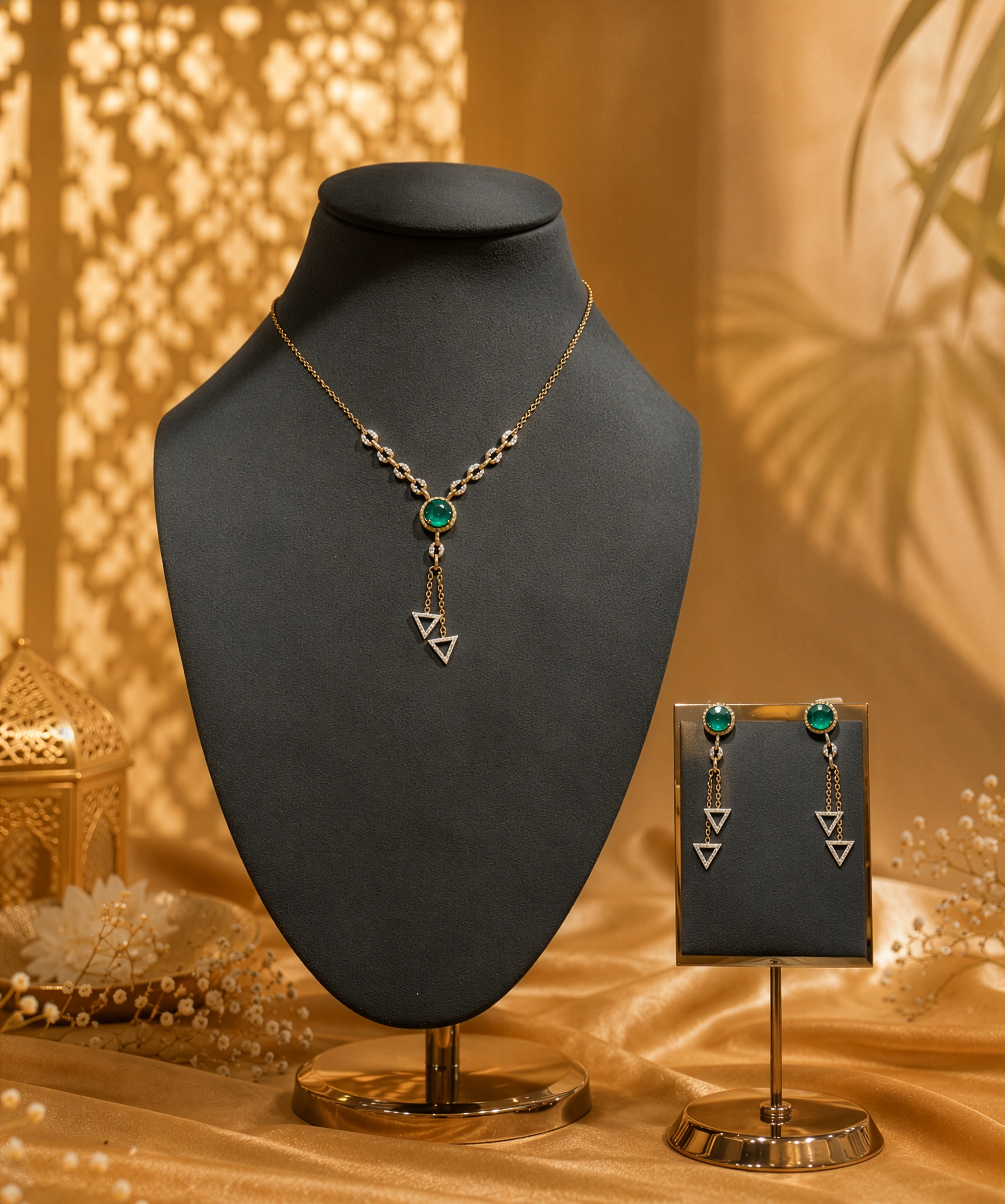 18K Gold Emerald & Diamond Necklace Set